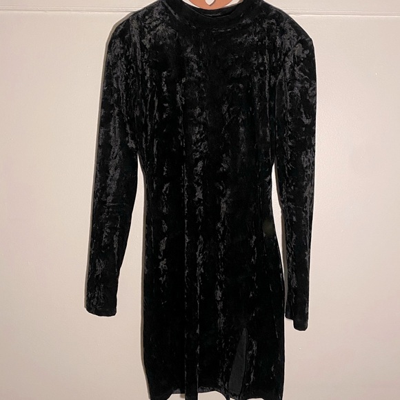 Velvet Black Mini Dress with Silt in Front - Picture 1 of 5